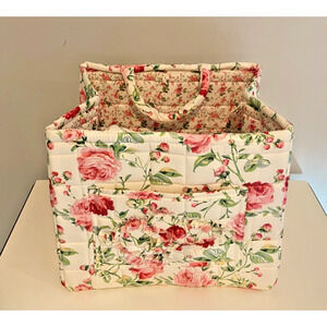Quilted Floral Boho Fabric Large Storage Basket with Handles/Pocket, 11"H x 14"W